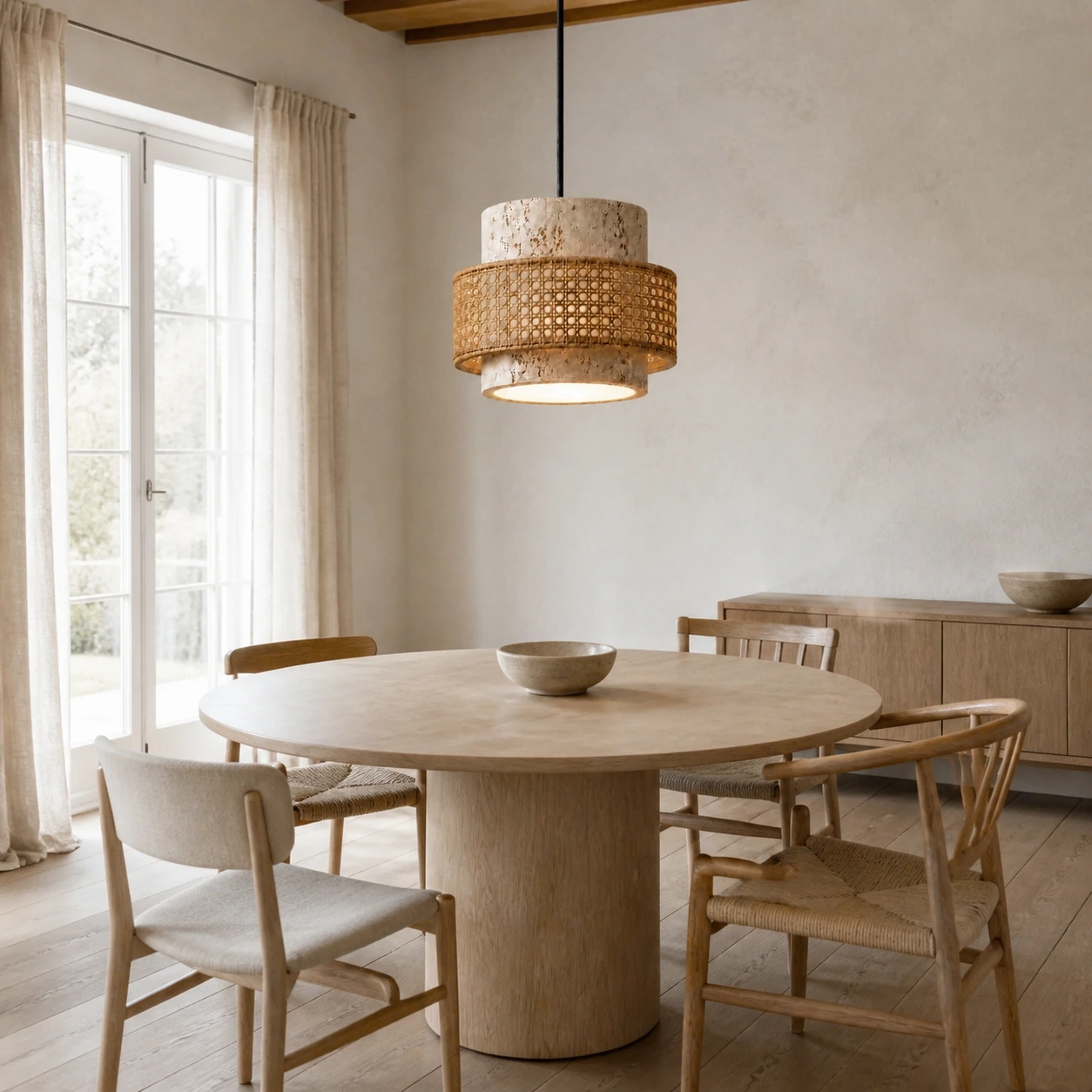 Natural and woven rattan SKU pendant in a bright dining room
