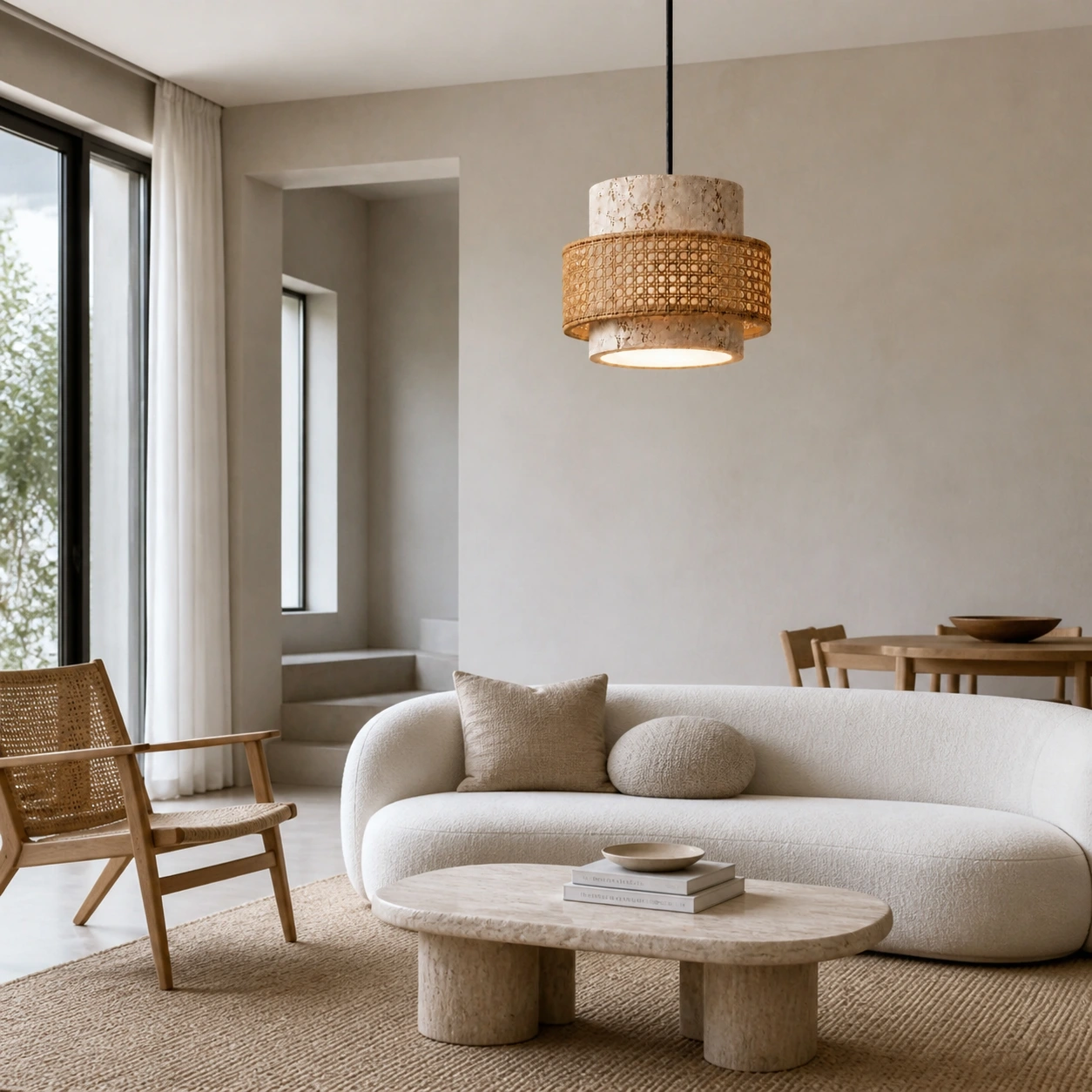 Natural and woven rattan SKU pendant in a bright living room