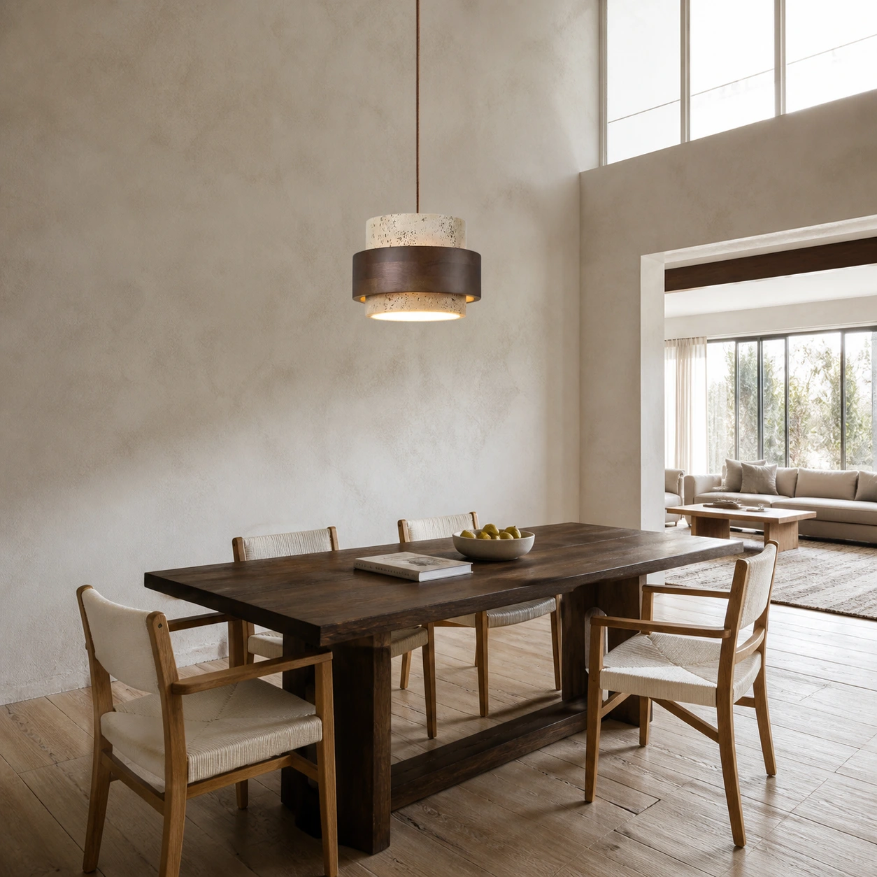 Beige and dark walnut SKU pendant in a high-ceiling dining room