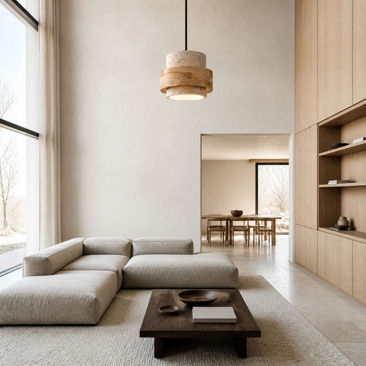 Natural SKU pendant in a bright double-height living room