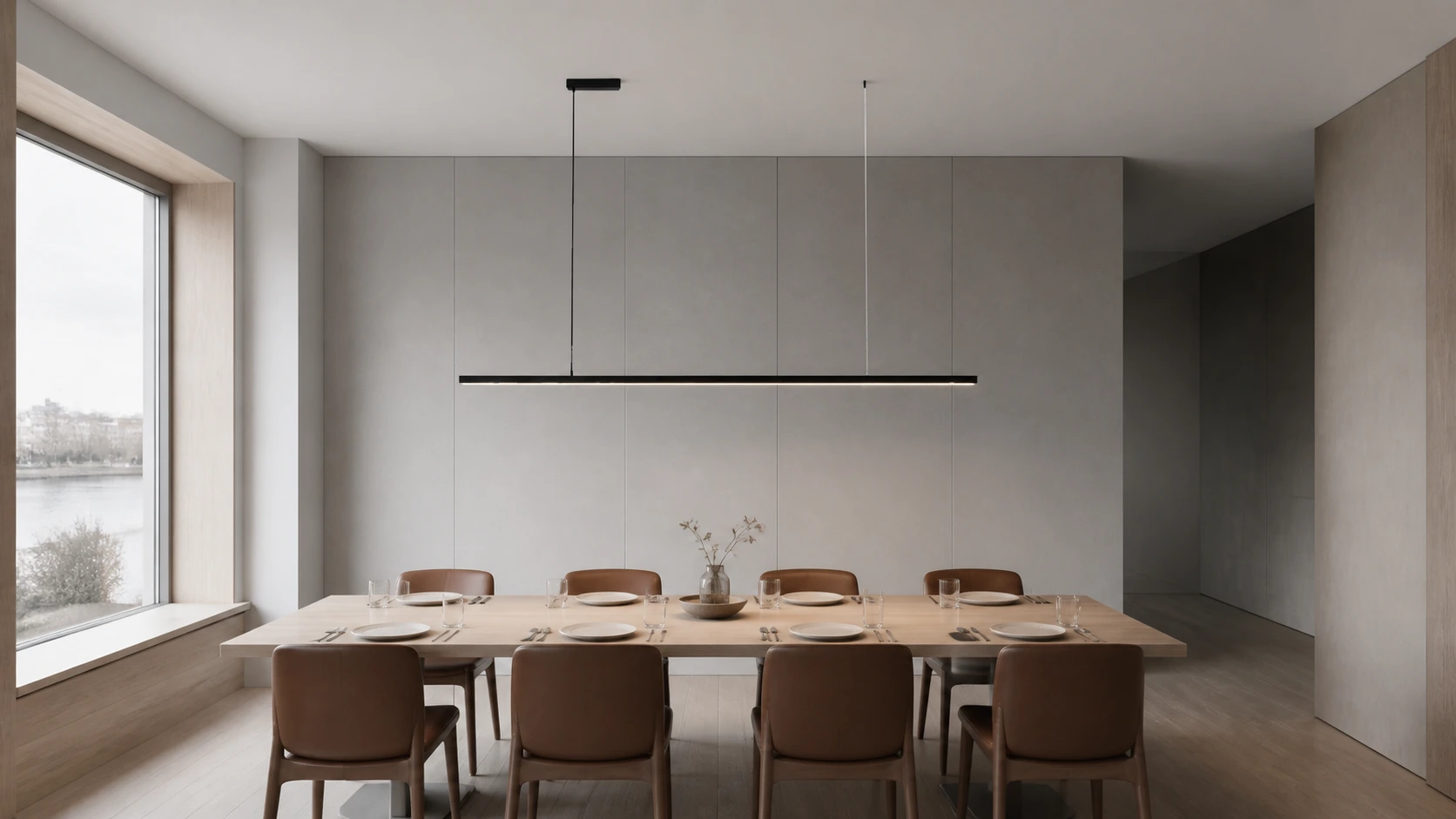 Edge linear pendant above a complete Scandinavian restaurant table