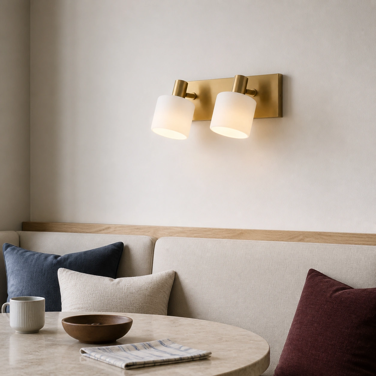 Eucrante two-light porcelain wall sconce in a Nordic breakfast nook