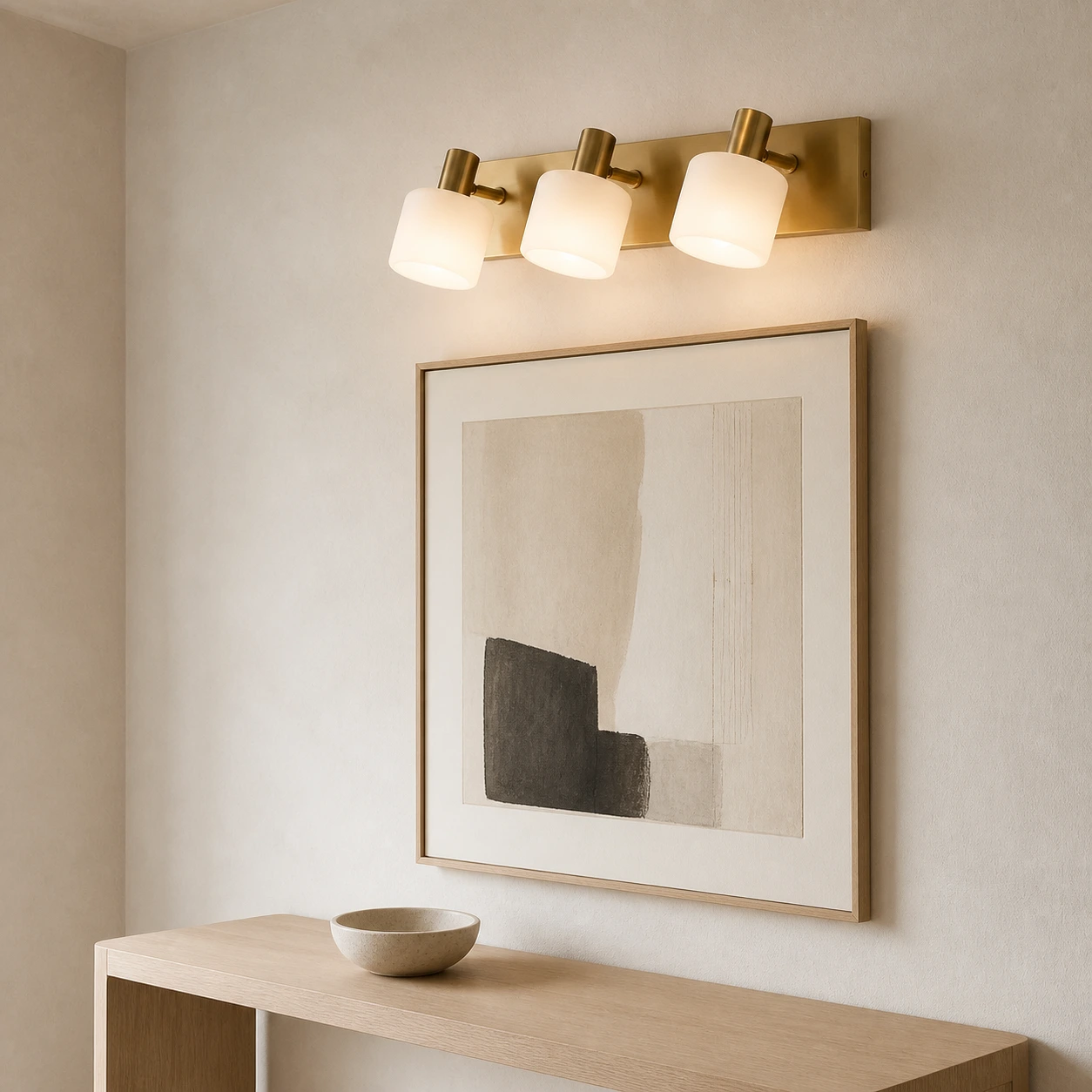 Eucrante wall sconce above artwork in a Nordic hallway