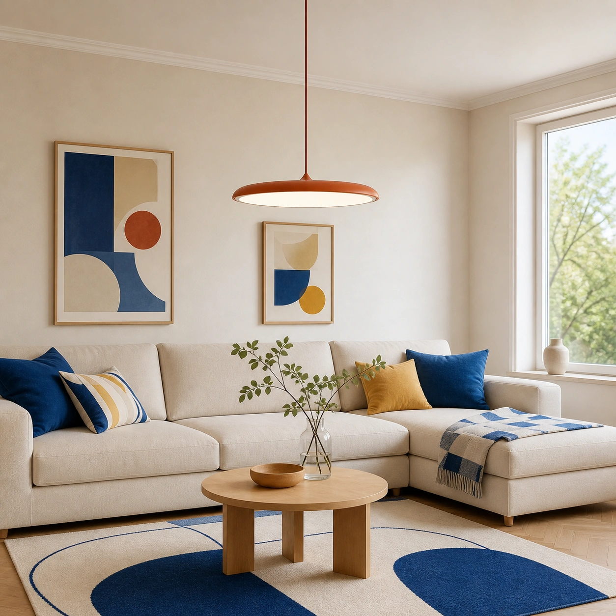 Orange Lucian pendant in a colorful Nordic Bauhaus living room
