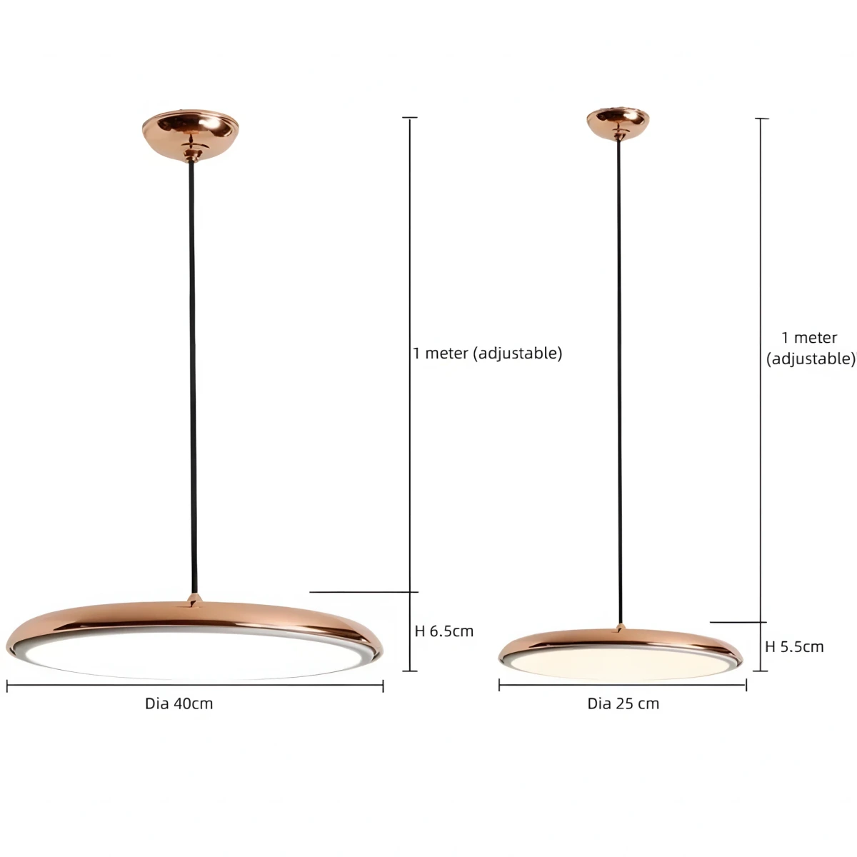 Lucian dimensions: 25 or 40 centimetre diameter with adjustable one metre suspension