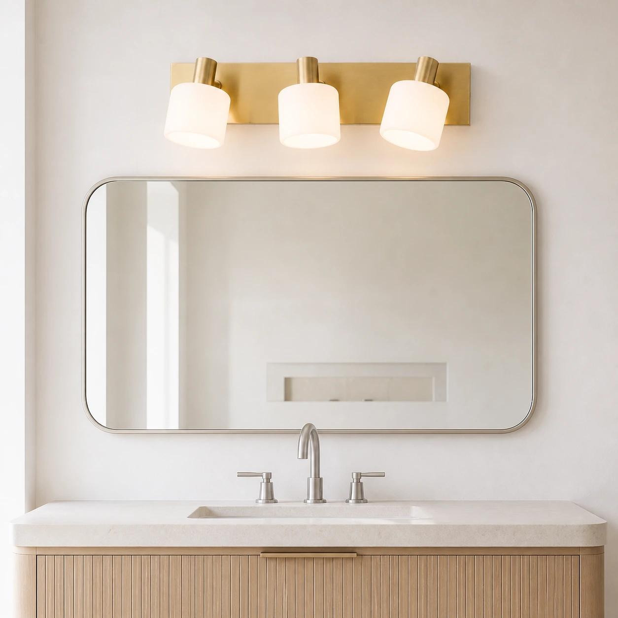 Eucrante wall sconce above a modern bathroom mirror