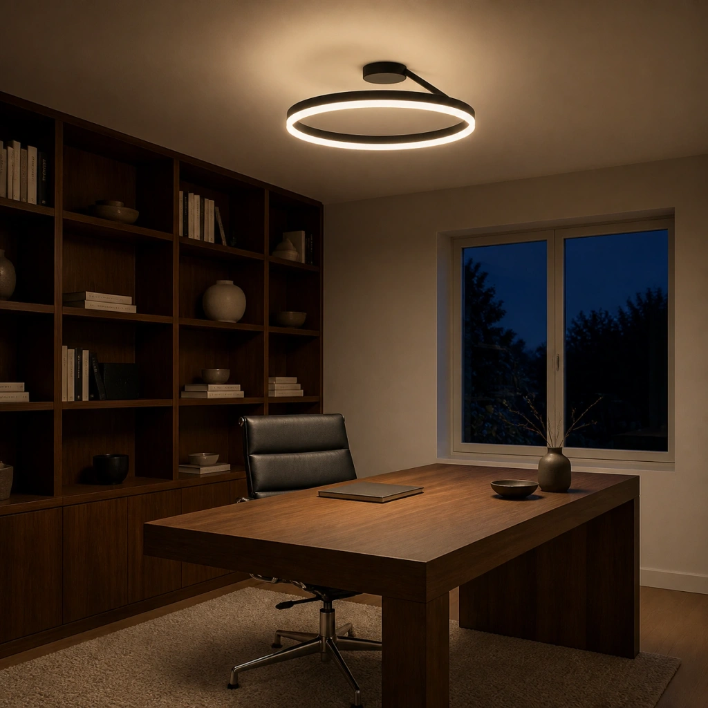 Black Arisha ceiling light in a Nordic modern study at blue hour