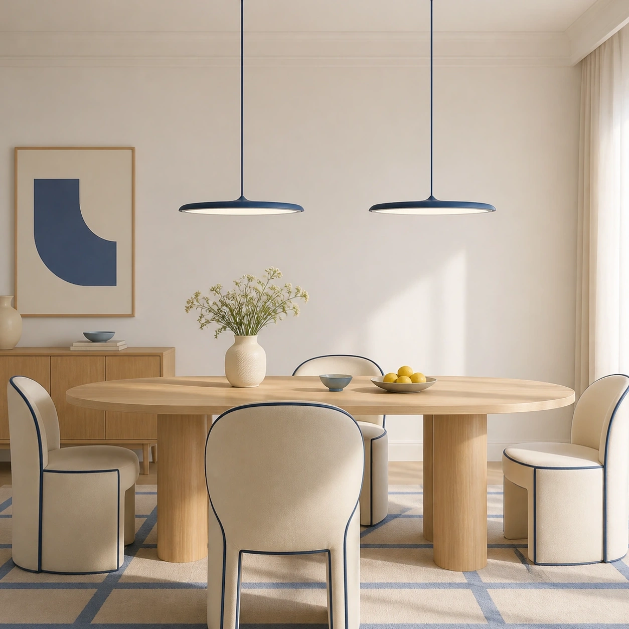 Two Blue Lucian pendants above an oval dining table, cropped below the ceiling canopies
