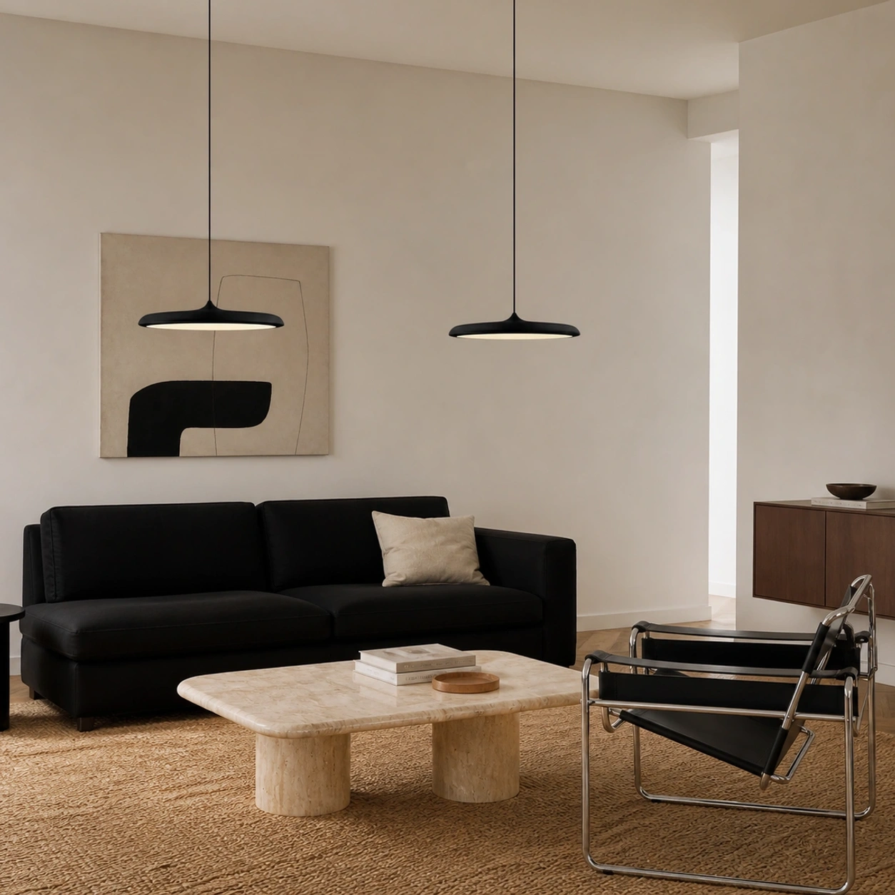 Two Black Lucian pendants in a restrained modern lounge, cropped below the ceiling canopies