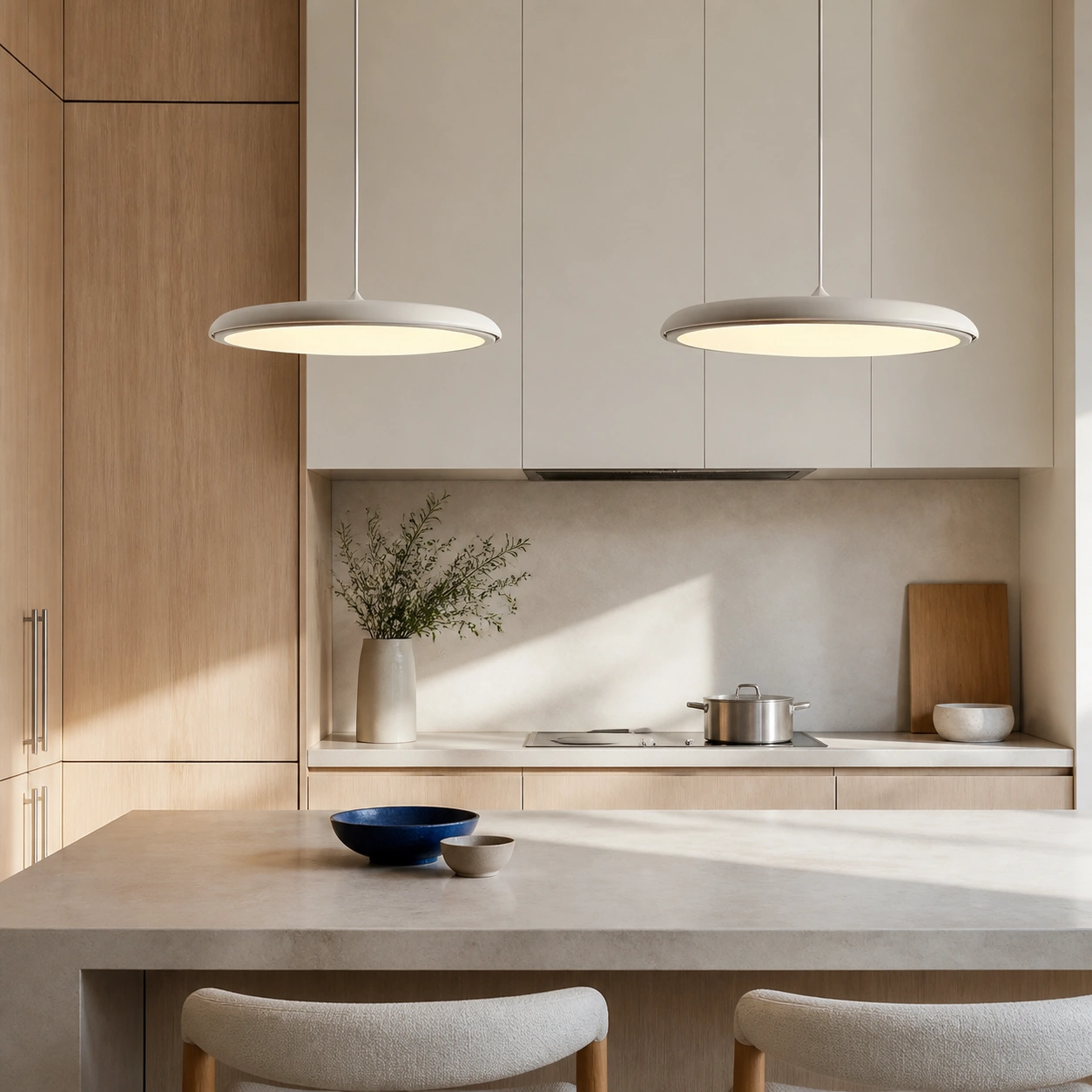 Two White Lucian pendants above a pale stone kitchen island