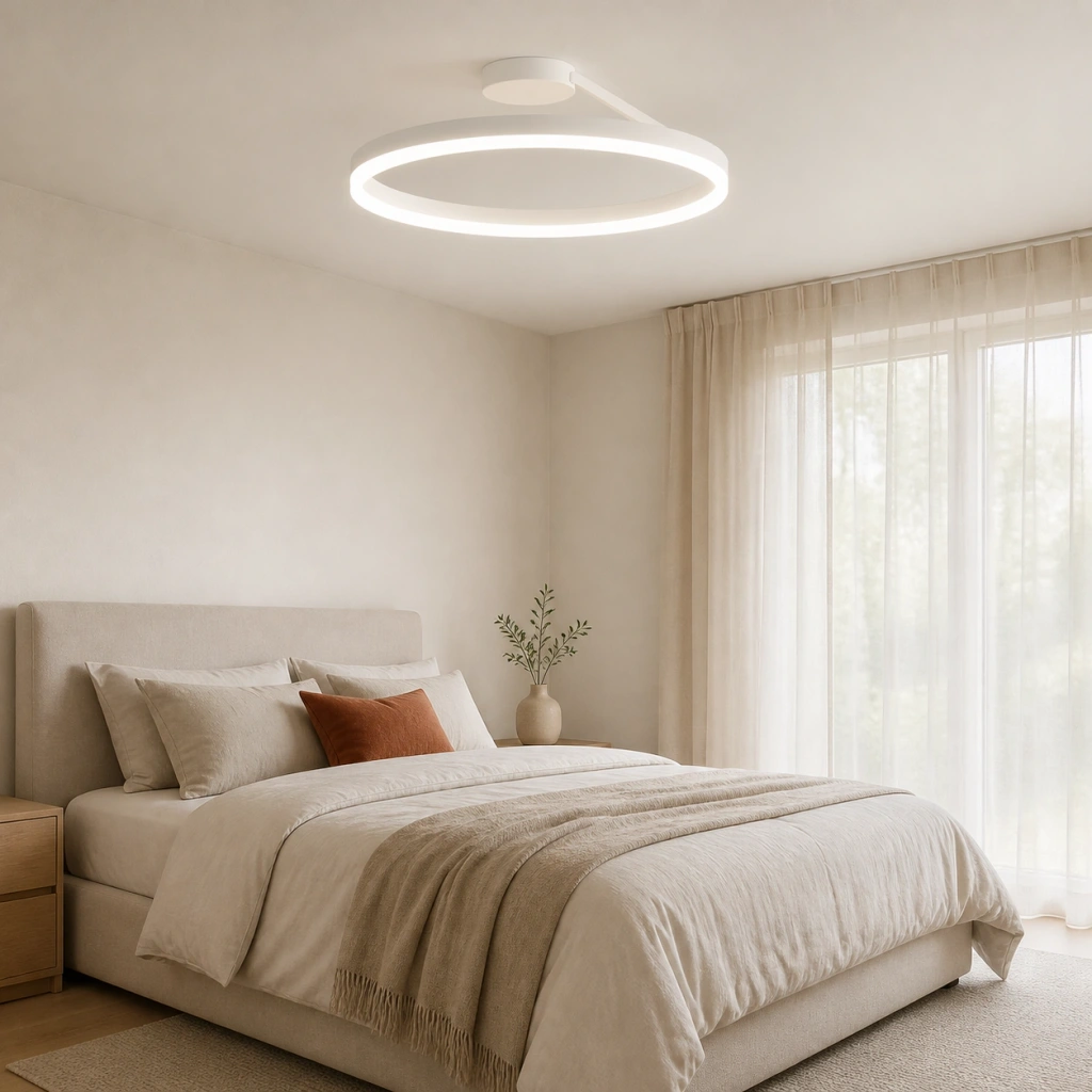 White Arisha ceiling light in a bright Nordic modern bedroom