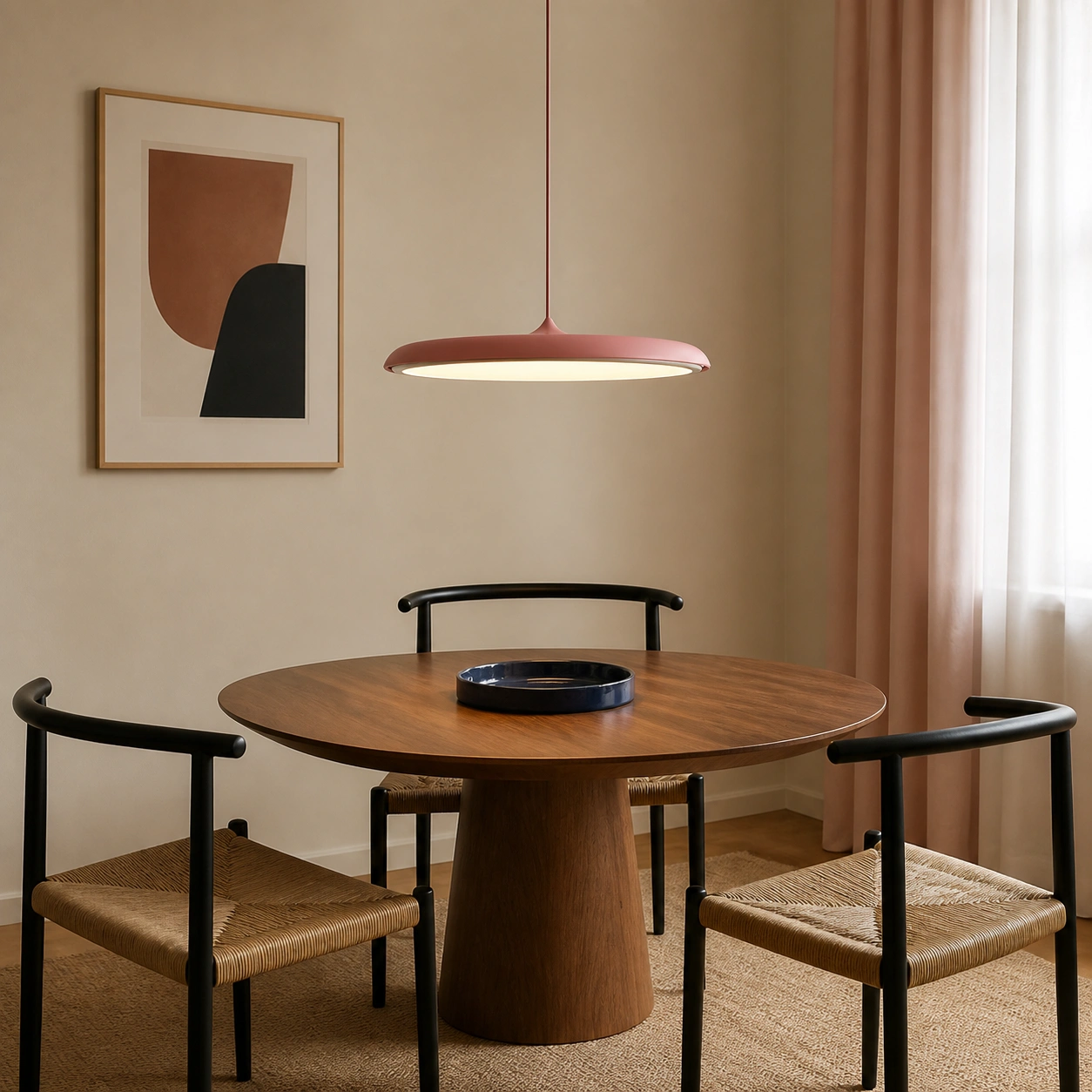 Pink Lucian pendant above a compact round dining table
