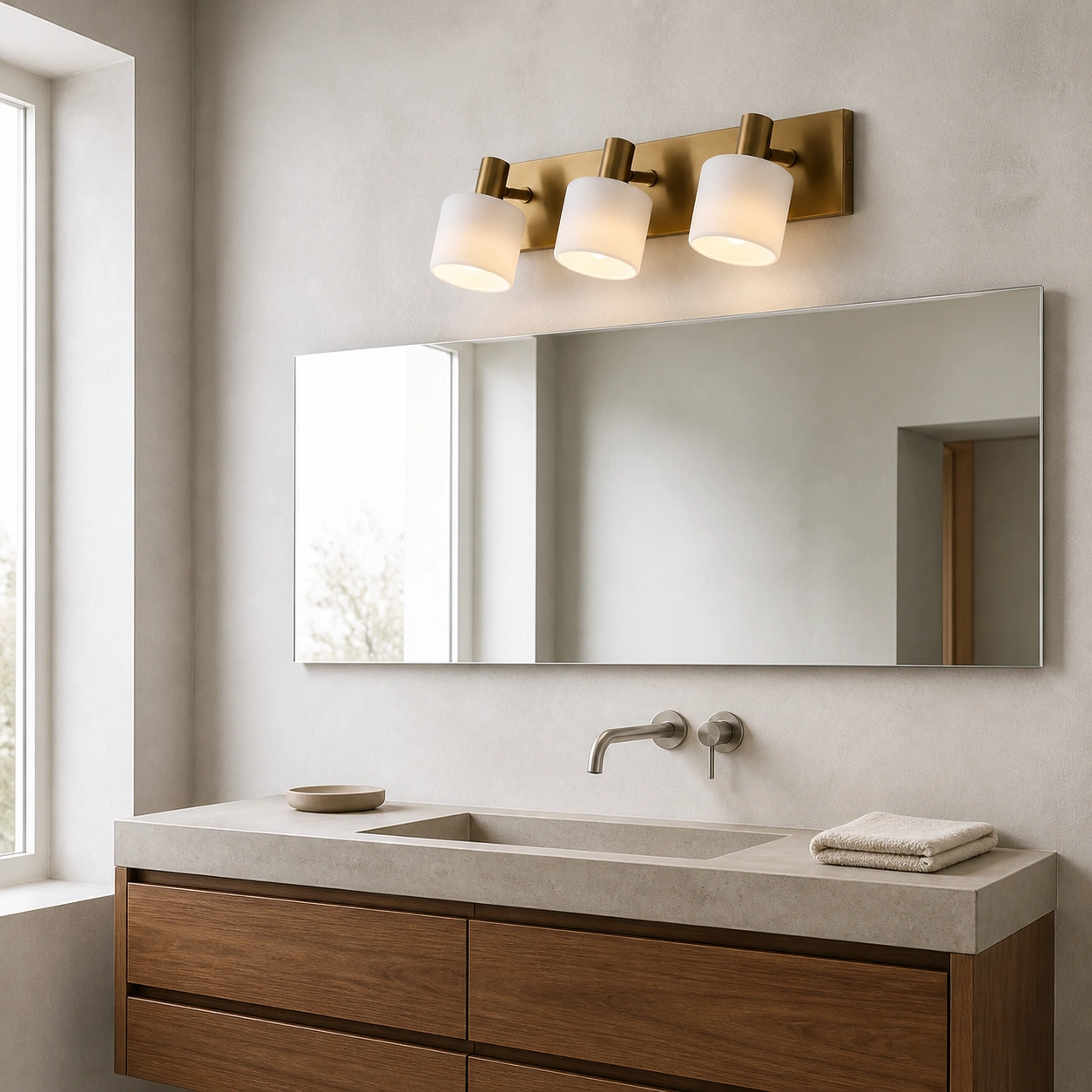 Eucrante three-light porcelain wall sconce above a modern powder-room mirror