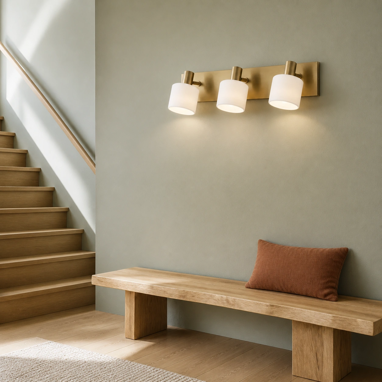Eucrante three-light wall sconce at a bright Nordic stair landing