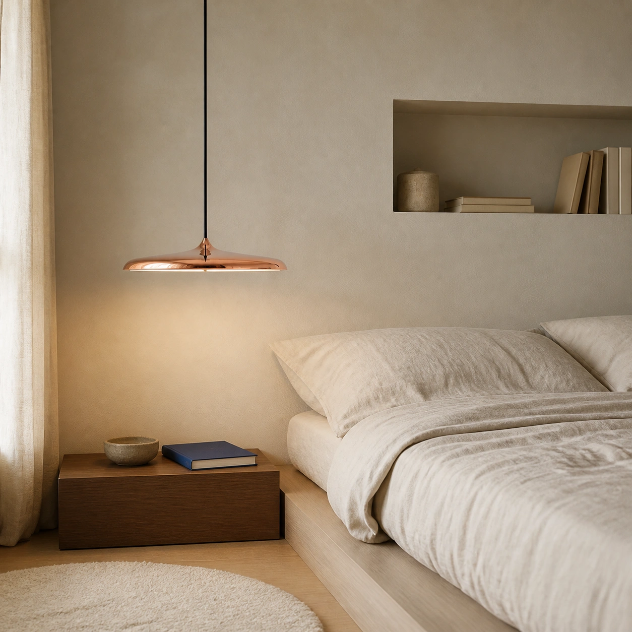 Rose Gold Lucian pendant beside a calm platform bed