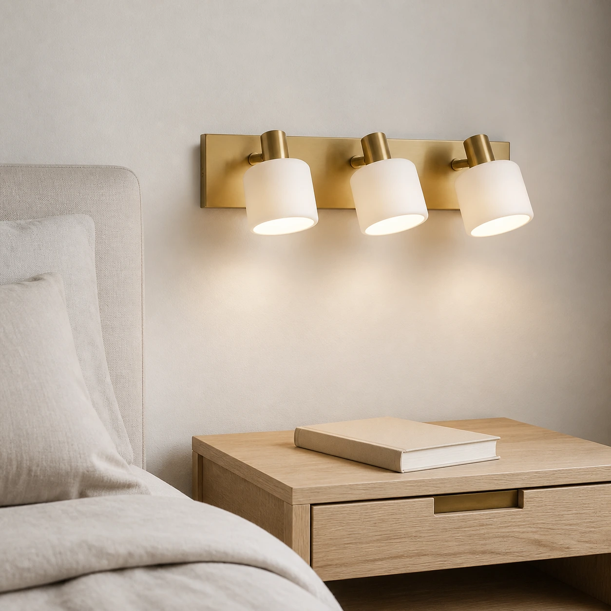 Eucrante wall sconce above a Nordic bedside cabinet