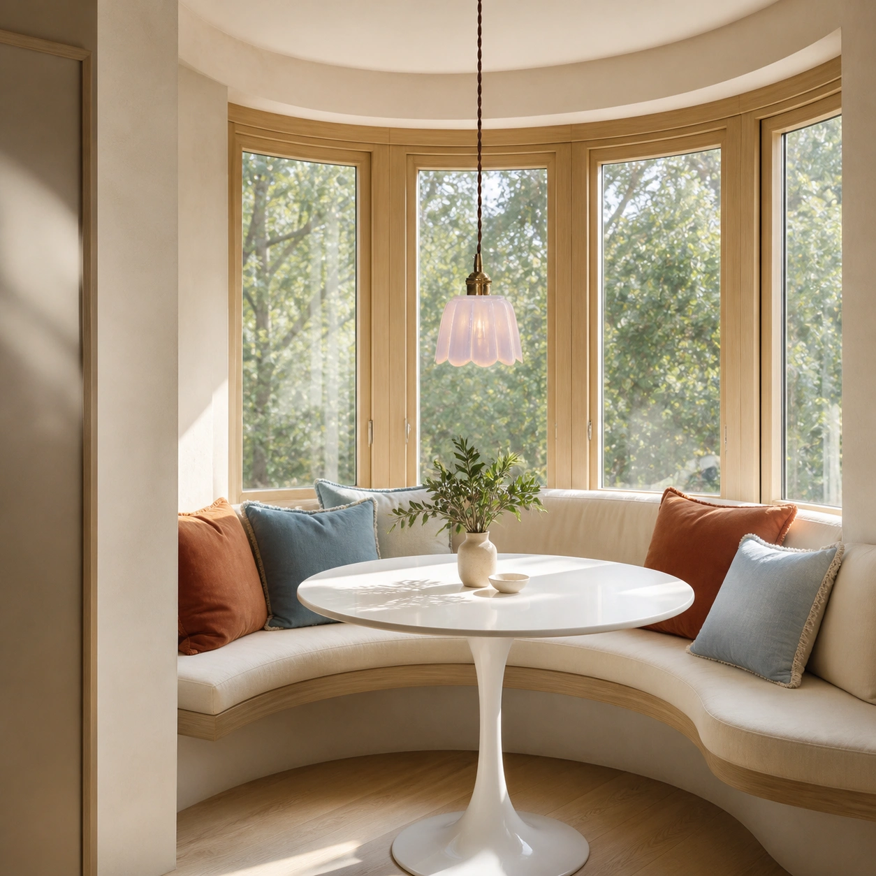 Light Purple Daphne pendant above a curved window nook