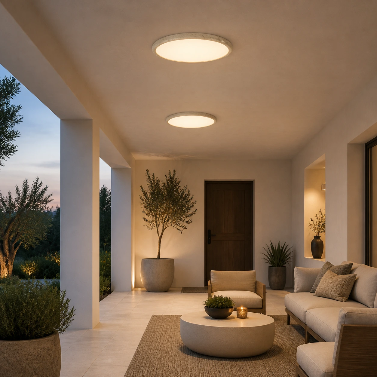 Two complete Solis Horizon ceiling lights on a Nordic covered porch
