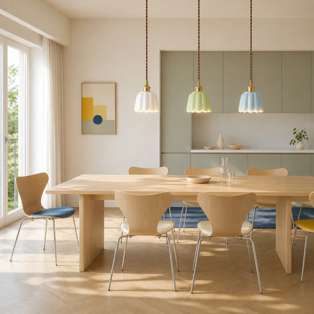 Three Daphne pendants above a long dining table