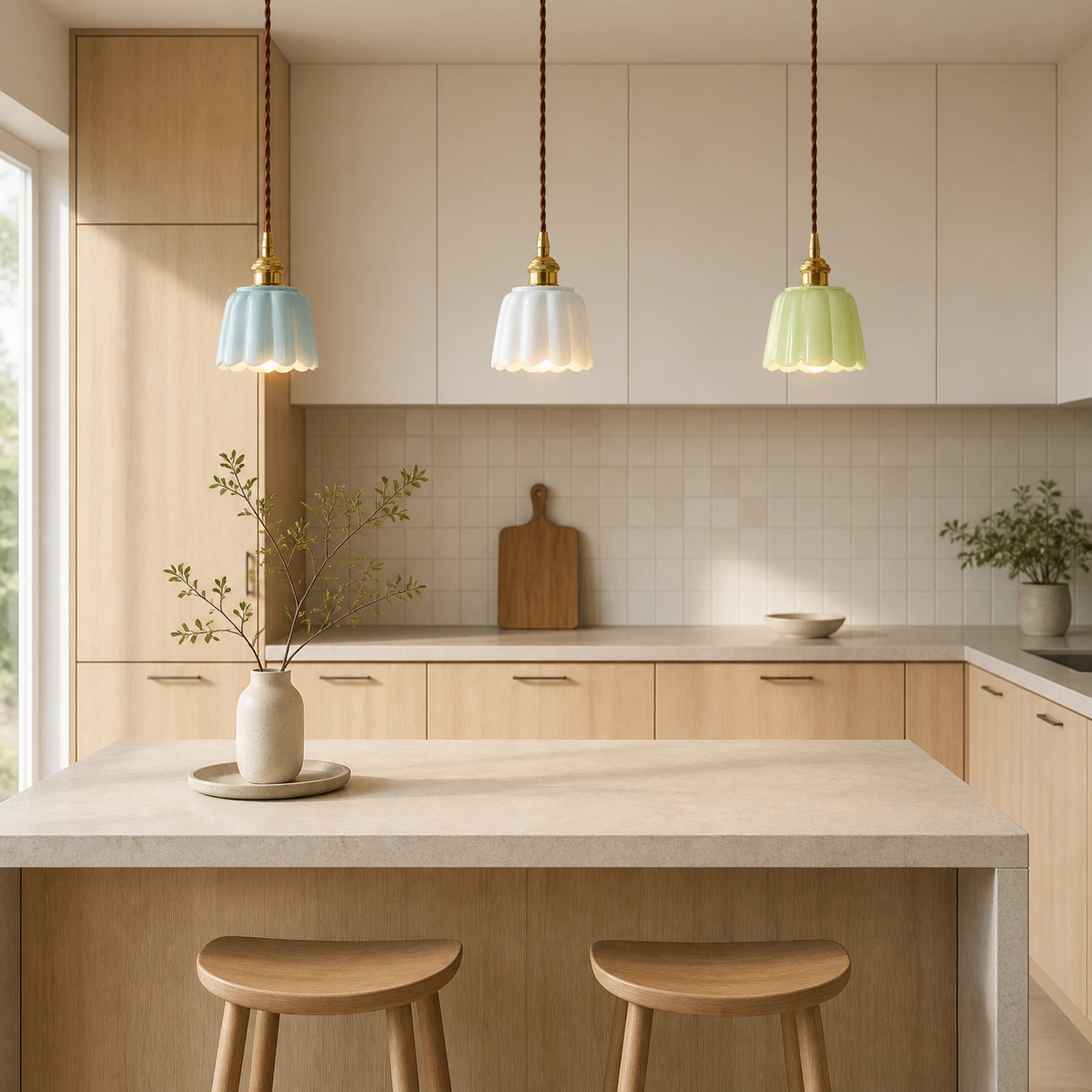 Three Daphne pendants above a Nordic kitchen island