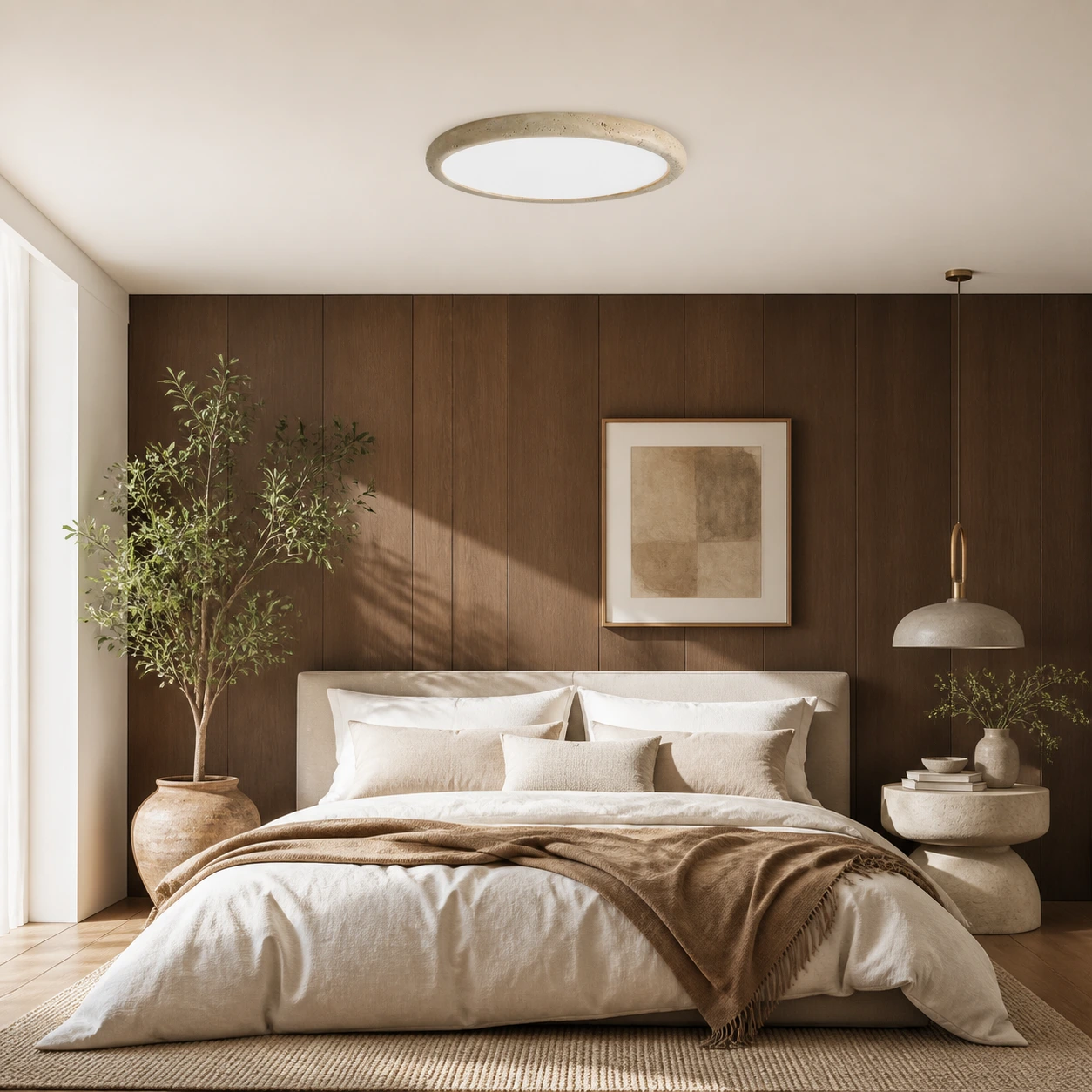 Solis Horizon ceiling light fully visible in a warm walnut bedroom