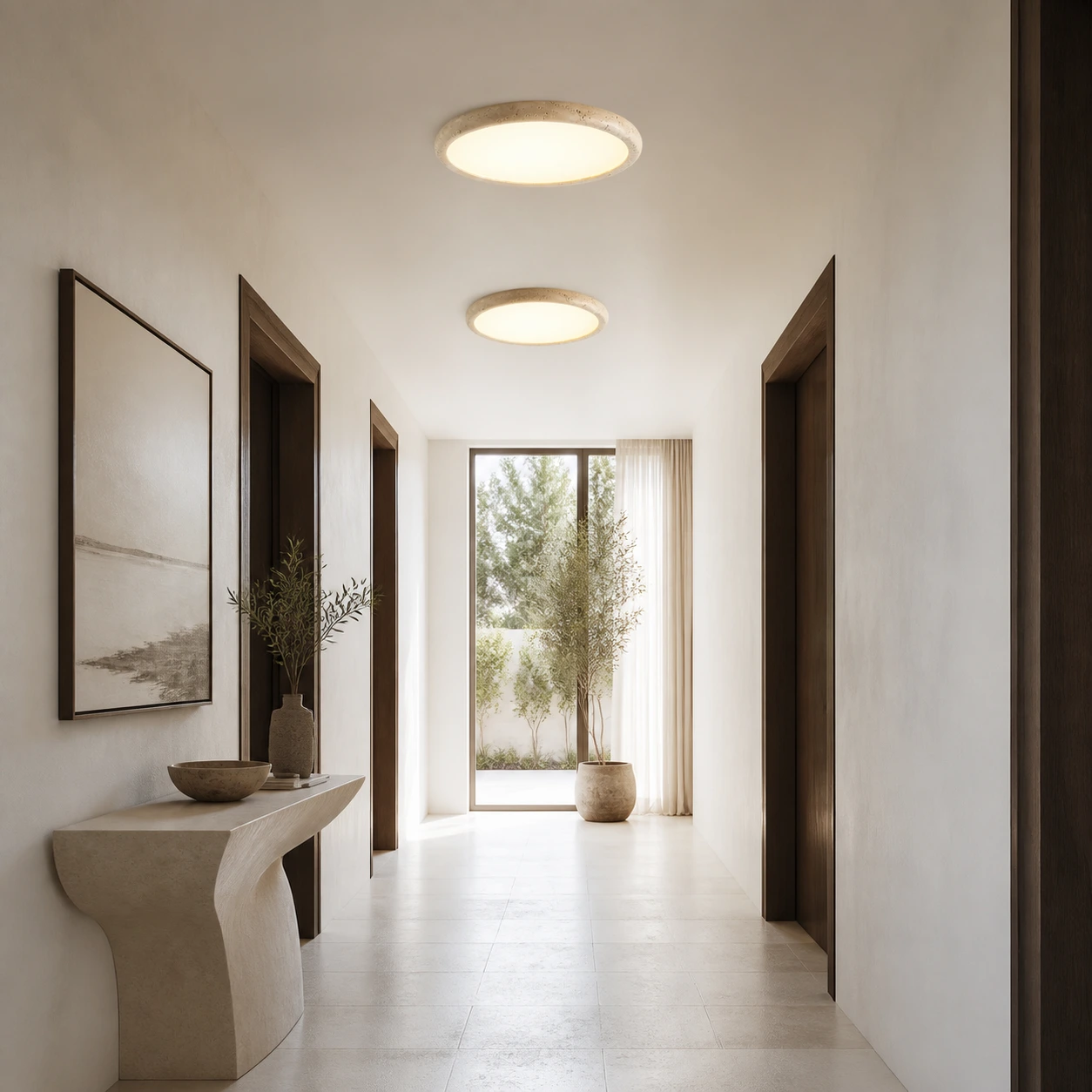 Two complete low-profile Solis Horizon lights aligned in a bright hallway