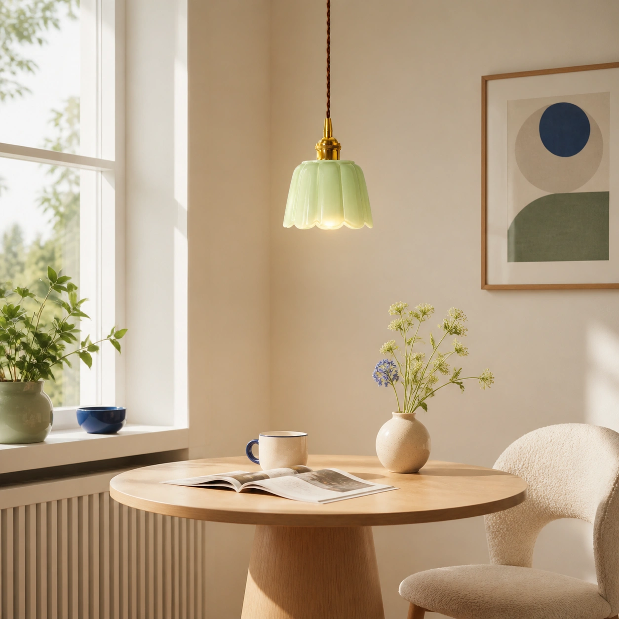 Green Daphne pendant above a Nordic breakfast table