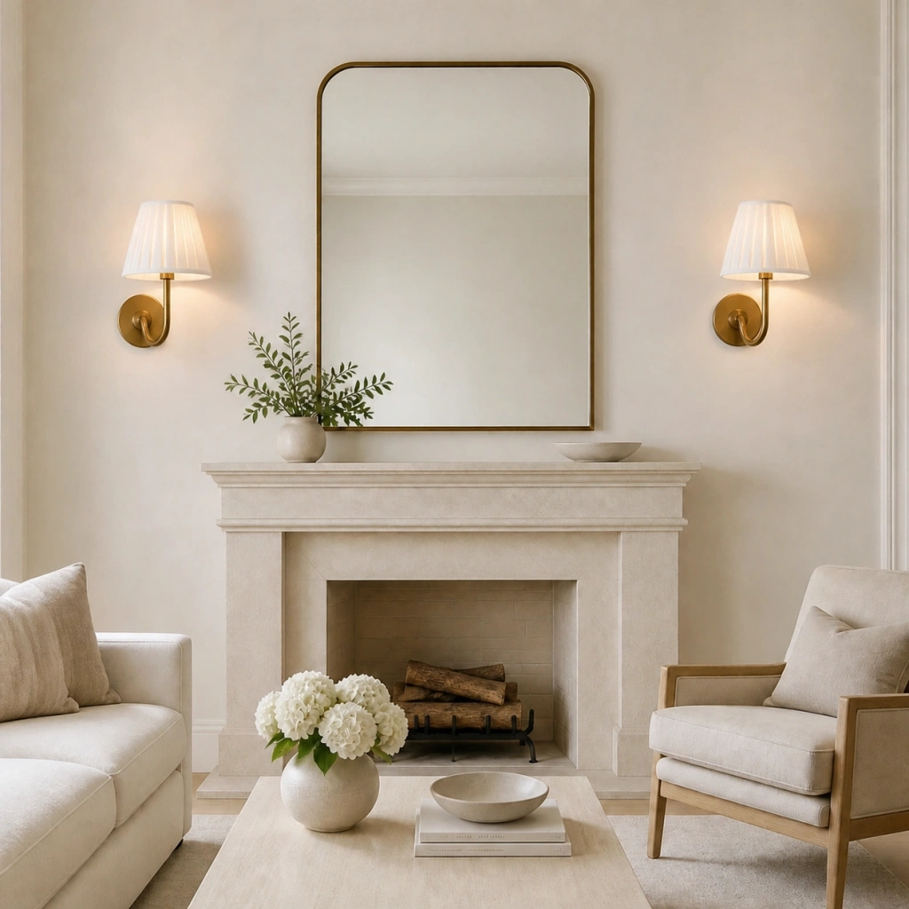 Two Tumbled Brass Eosphine wall lights framing a fireplace mirror