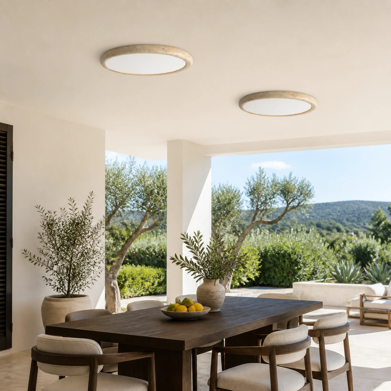 Two complete Solis Horizon ceiling lights on a bright covered terrace