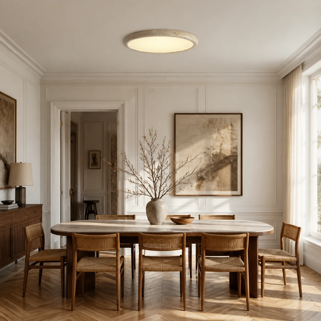 Solis Horizon ceiling light fully visible above a bright dining foyer