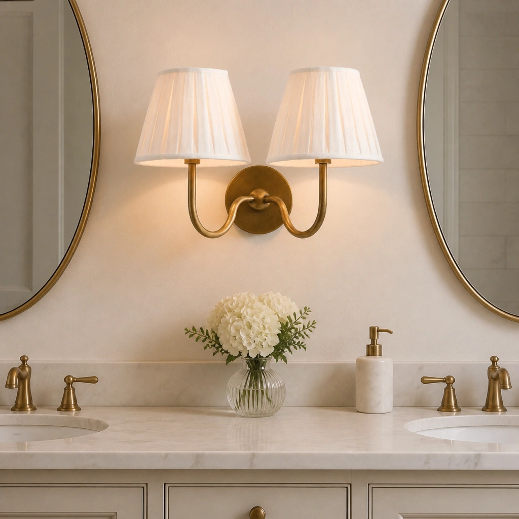 Tumbled Brass two-head Eosphine wall light in a vanity setting