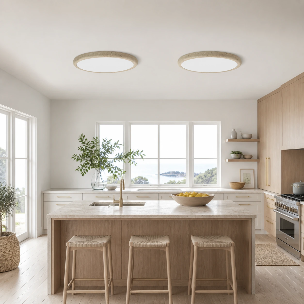 Two complete Solis Horizon ceiling lights above a bright kitchen island
