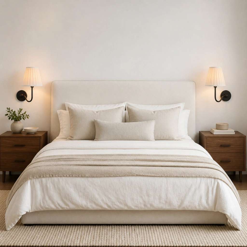 Two Antique Bronze Eosphine wall lights beside a bed