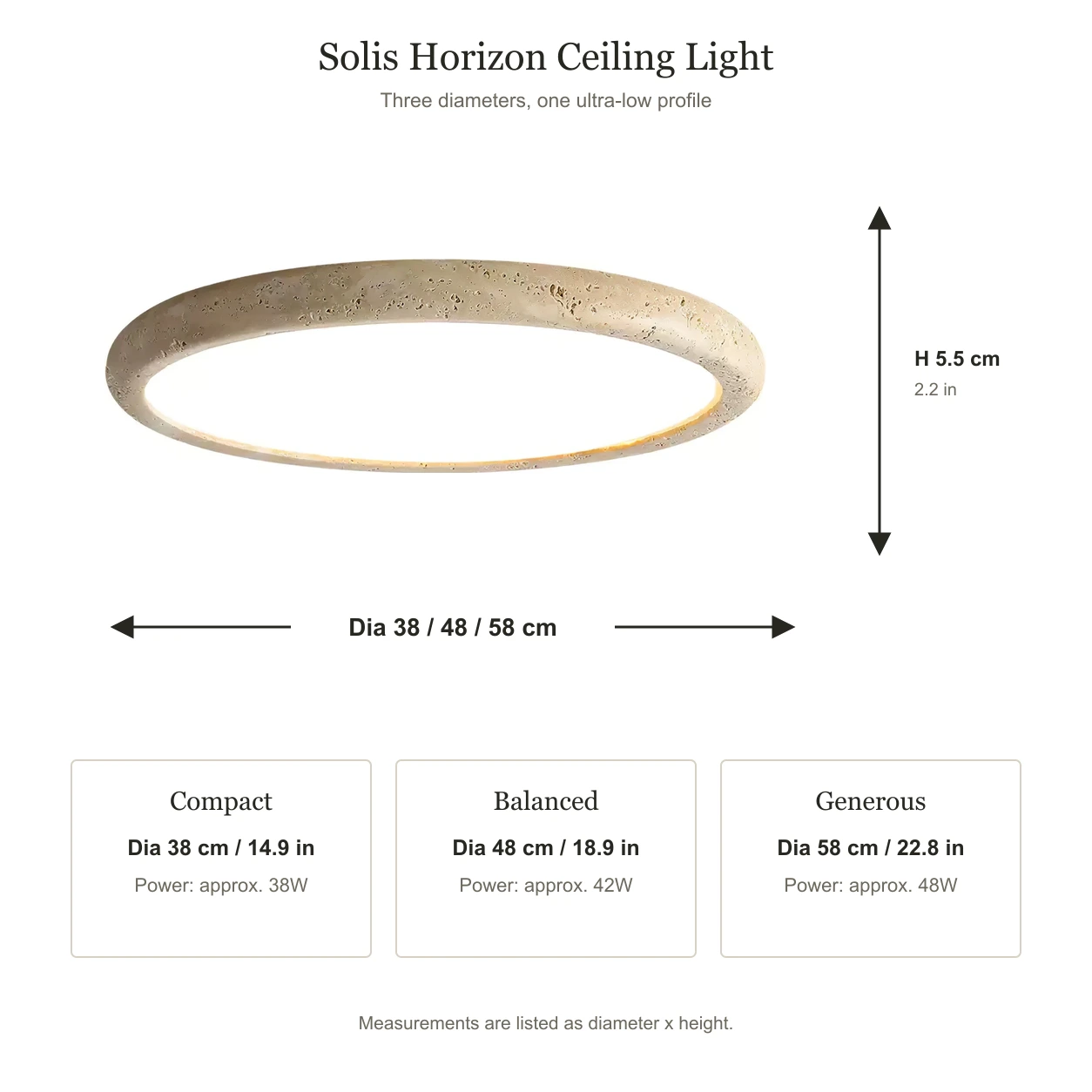 Solis Horizon dimensions for all three available diameters
