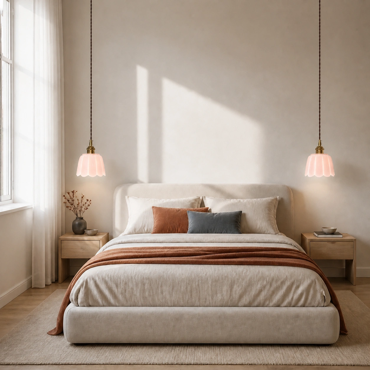 Two matching Pink Daphne pendants above bedside tables