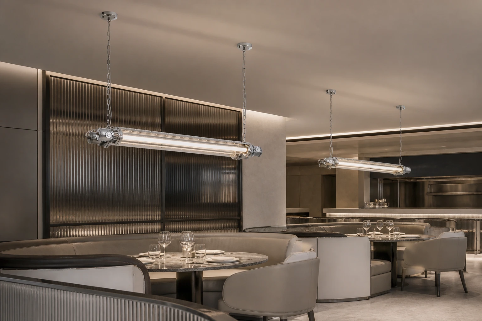 Double tube chandeliers in a refined restaurant