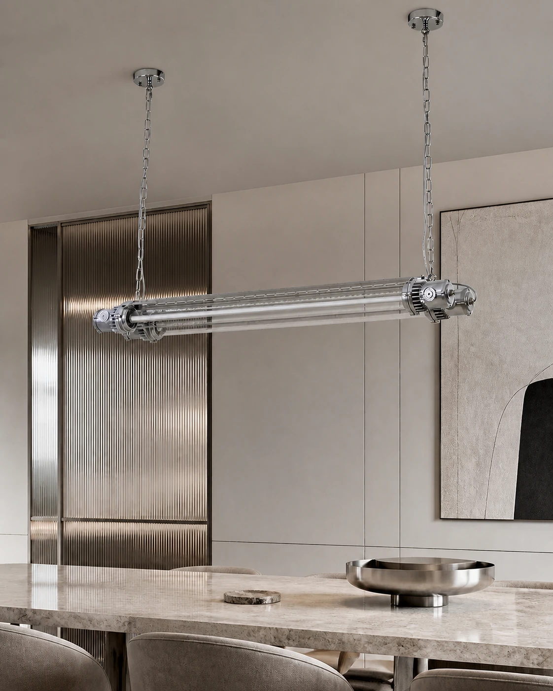 Double tube silver chandelier switched off