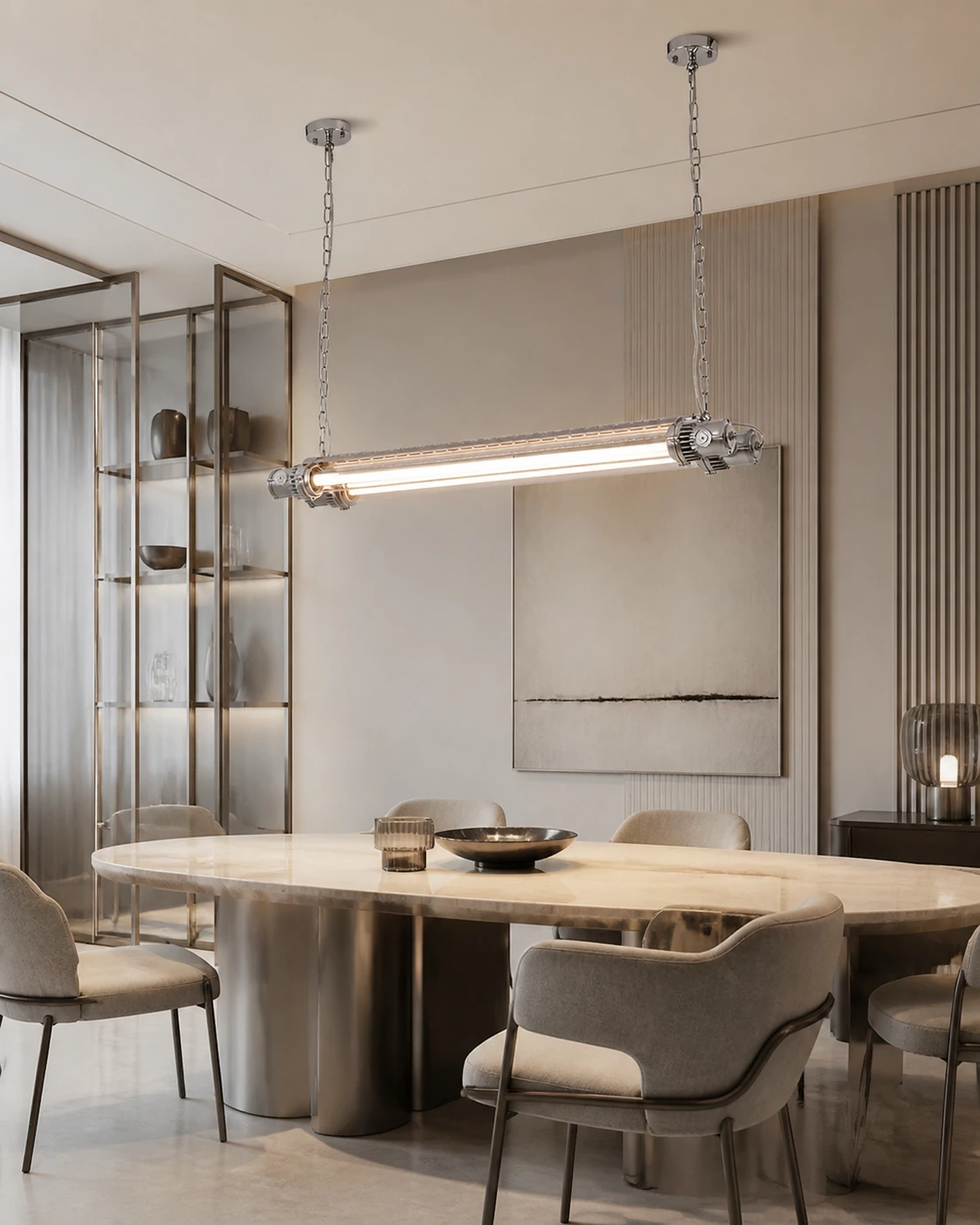 Double tube chandelier above a modern dining table