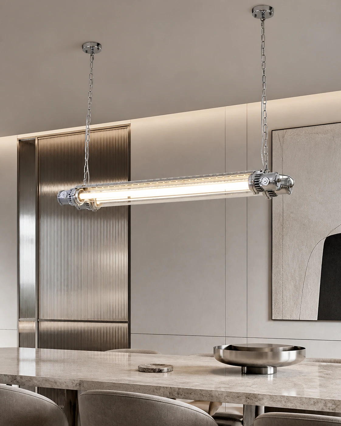 Double tube silver chandelier illuminated in a modern interior