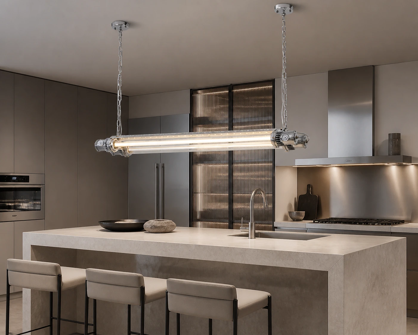 Double tube chandelier above a modern kitchen island