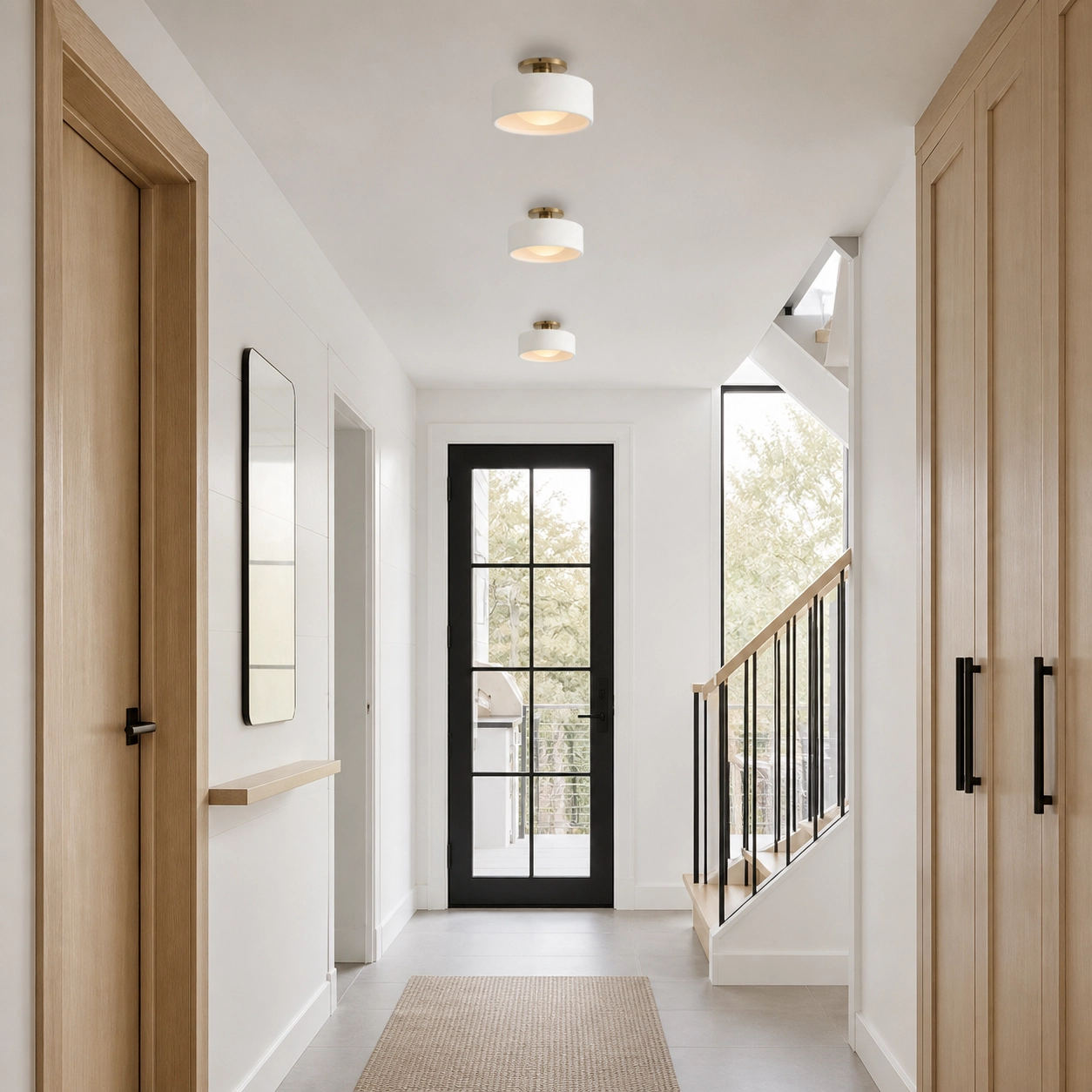Three White Polynoe 12.7cm ceiling lights arranged through a Nordic-modern hallway