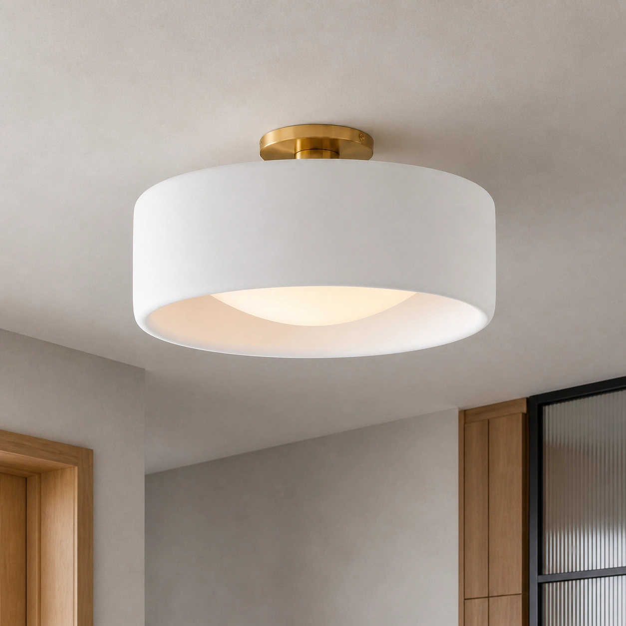 White Polynoe 35.5cm semi-flush ceiling light centered and switched on