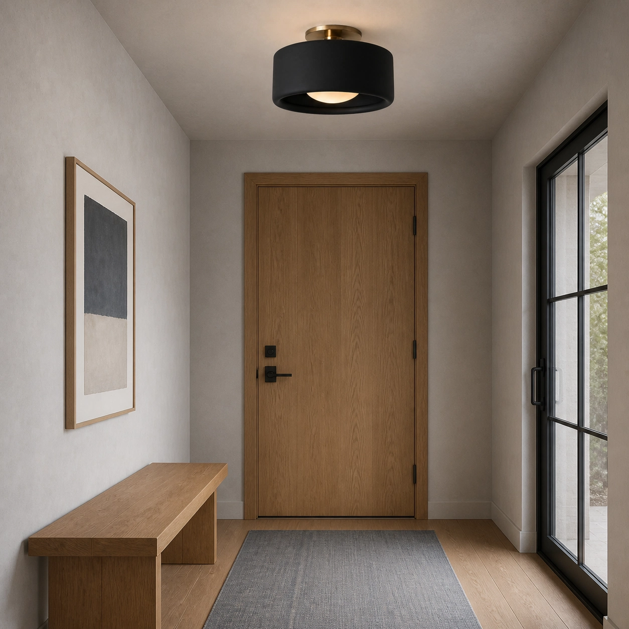Black Polynoe ceiling light in a Nordic-modern entry