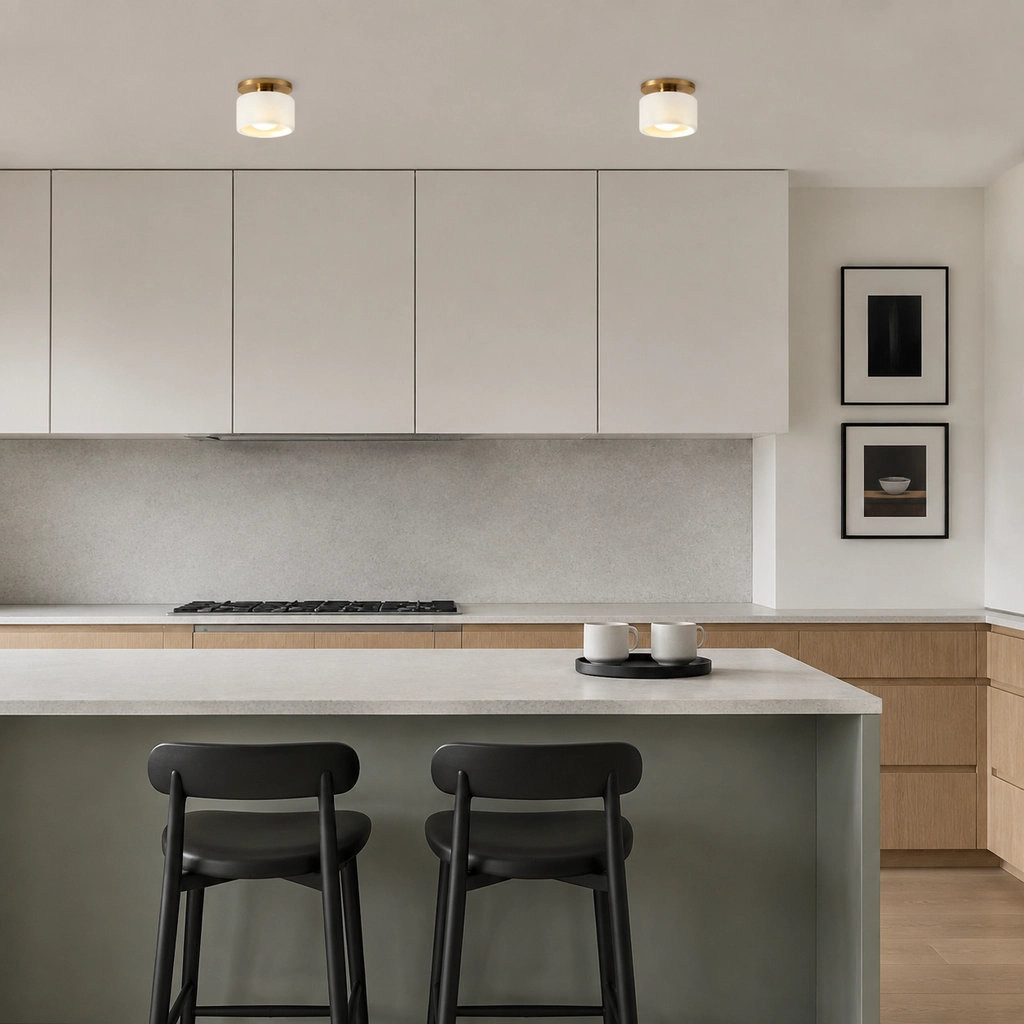 Two White Polynoe 12.7cm ceiling lights paired above a Nordic-modern kitchen island