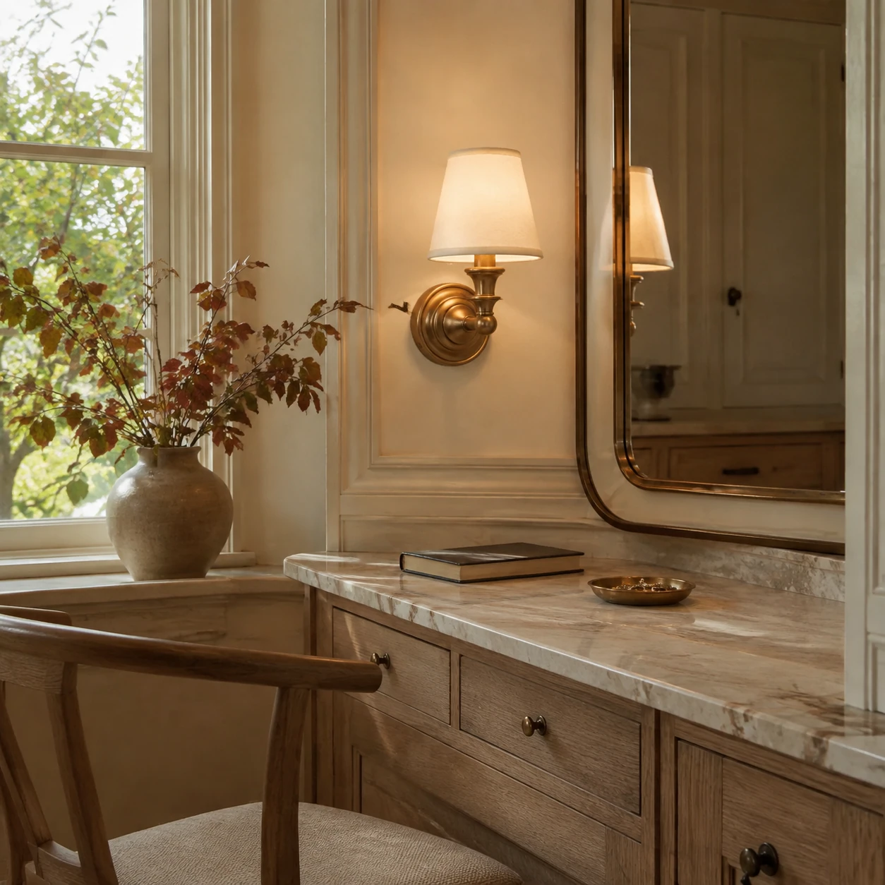 Dryadis brass wall sconce beside a Nordic window seat