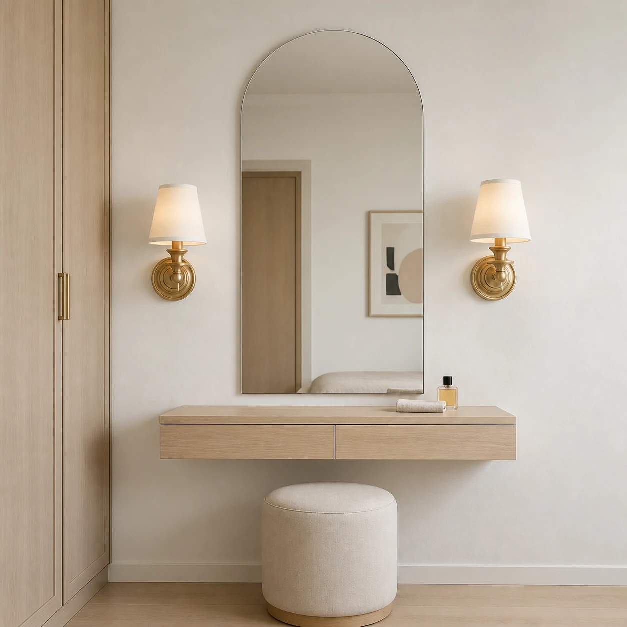 Pair of Dryadis brass wall sconces around a dressing mirror