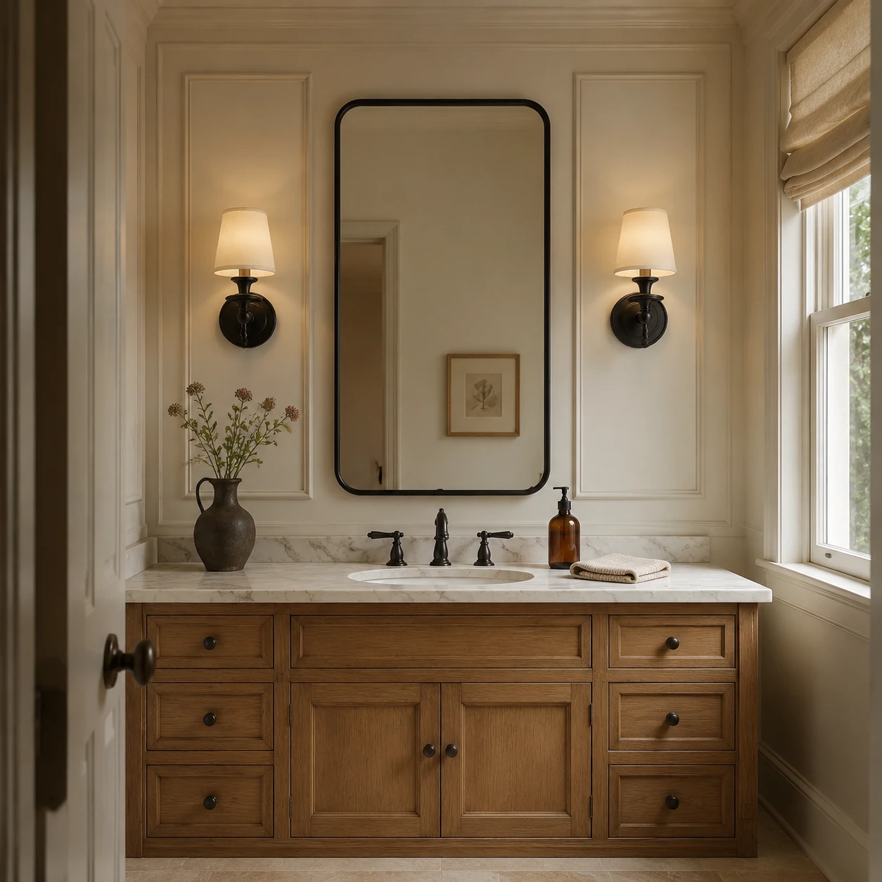 Dryadis black wall sconce in a library niche