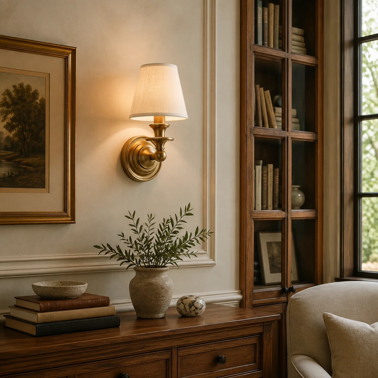 Close detail of the Dryadis linen shade and brass metalwork