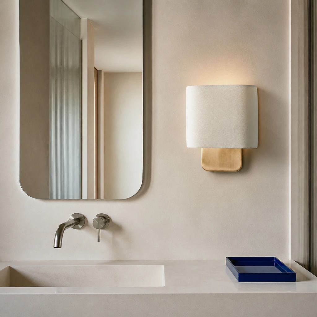Jareth wall sconce beside a modern powder room mirror