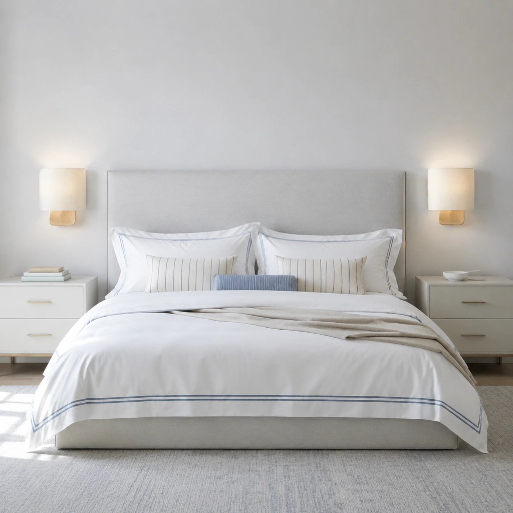 Pair of Jareth wall sconces above bedside cabinets in a blue striped Nordic bedroom